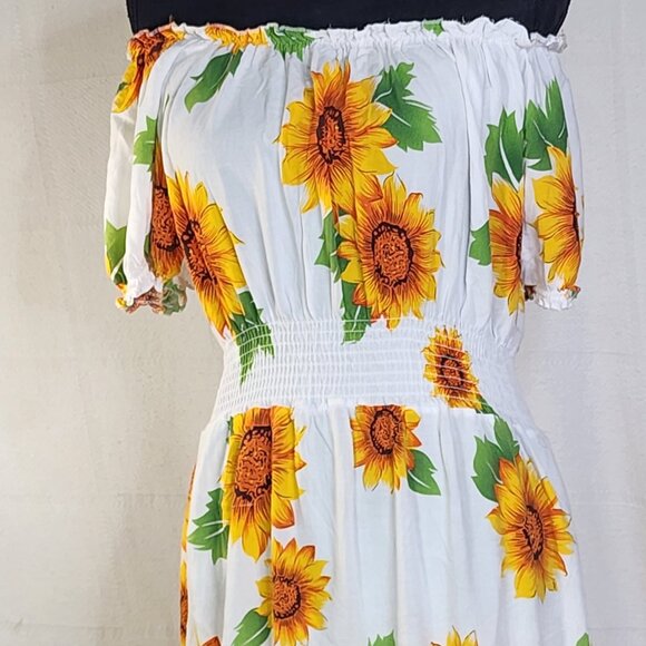 Ace White Yellow Orange Green Sunflowers Smocked Waist Drop Shoulder Maxi Sz 1X - Picture 10 of 16